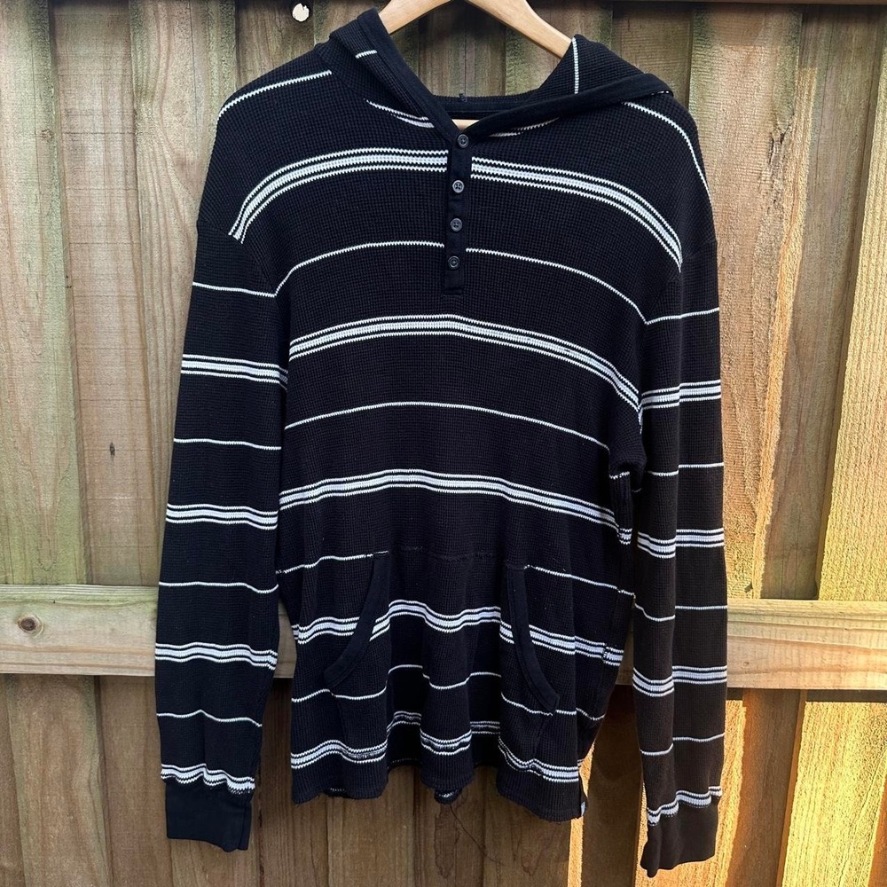 Vurt Black + white striped long sleeve waffle-knit thermal hoodie Size Lg